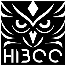 Logo HI3CC Hibou Stylisé Noir et Blanc Logo stylisé en noir et blanc d'une tête de hibou avec des formes géométriques, incluant le texte "HI3CC" en bas.