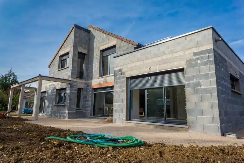 Maison individuelle en construction avec murs en parpaings gris, fenêtres à volets roulants et porche inachevé, chantier avec terre et tuyaux au premier plan.