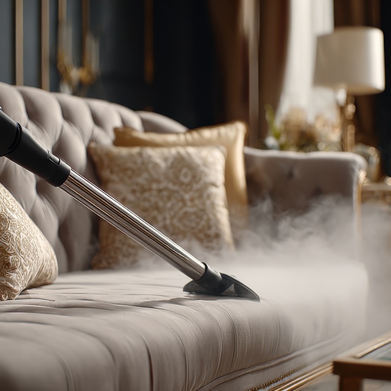 Nettoyage vapeur d'un canapé capitonné luxueux de couleur taupe avec un accessoire d'aspirateur, dégageant beaucoup de vapeur.