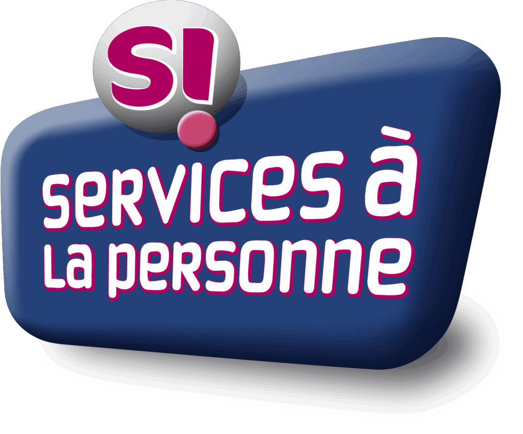 Logo bleu foncé avec le texte blanc et rose « SI services à la personne » et un cercle blanc contenant « SI! ».